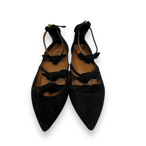 AQUAZZURA Black Suede Strappy St Tropez Bow Point Toe Flats Size 38 US 8 - Picture 7 of 8